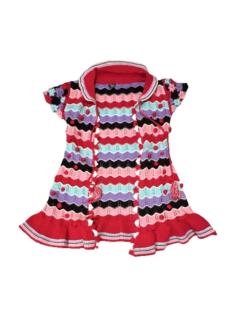 Crochet Cardigan Dress Women's S/XS Ruffled ZigZag Stripes GrannyCore Kidcore